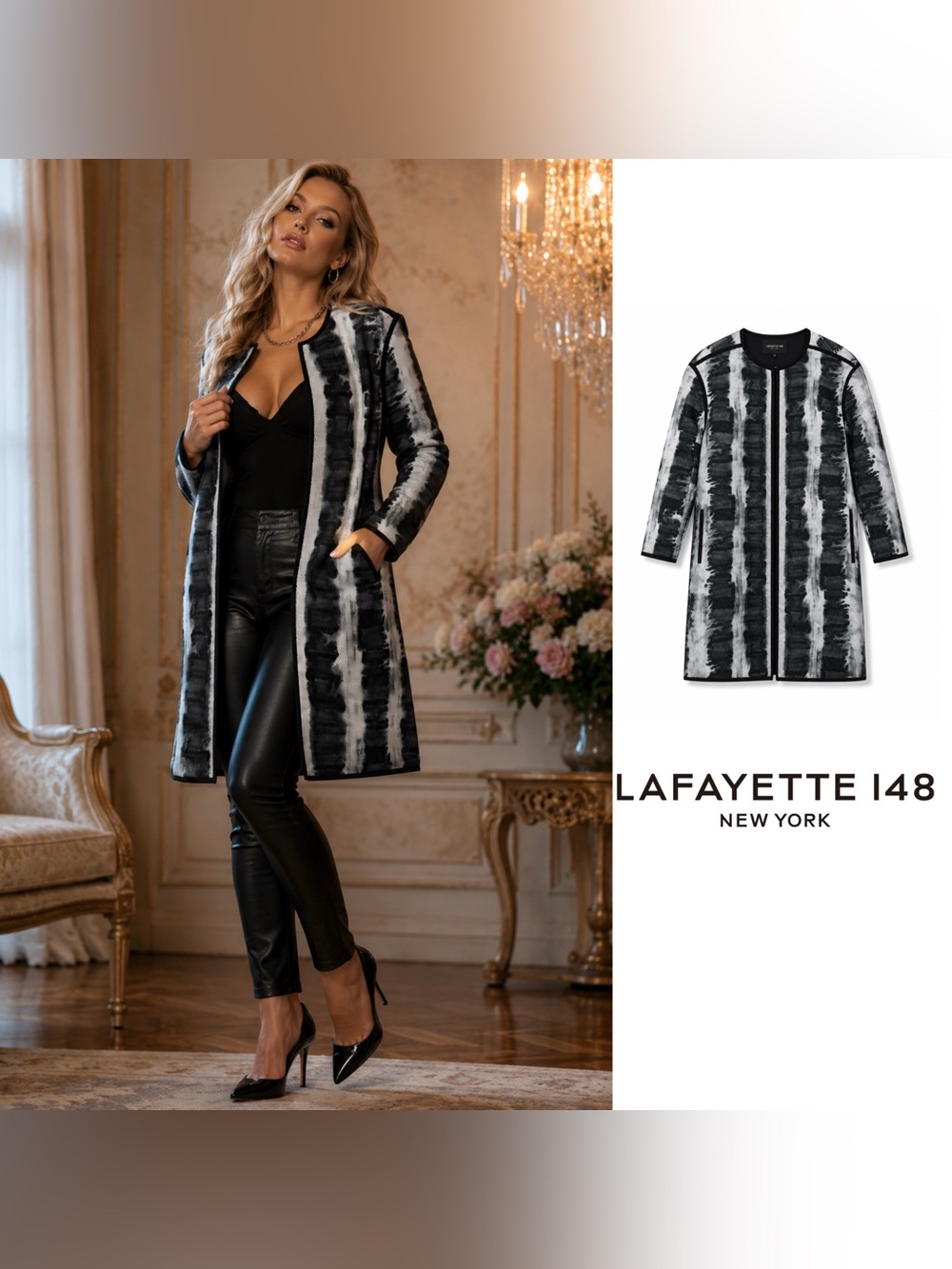 NEW Lafayette New York Black & White Striped Brushstroke Coat